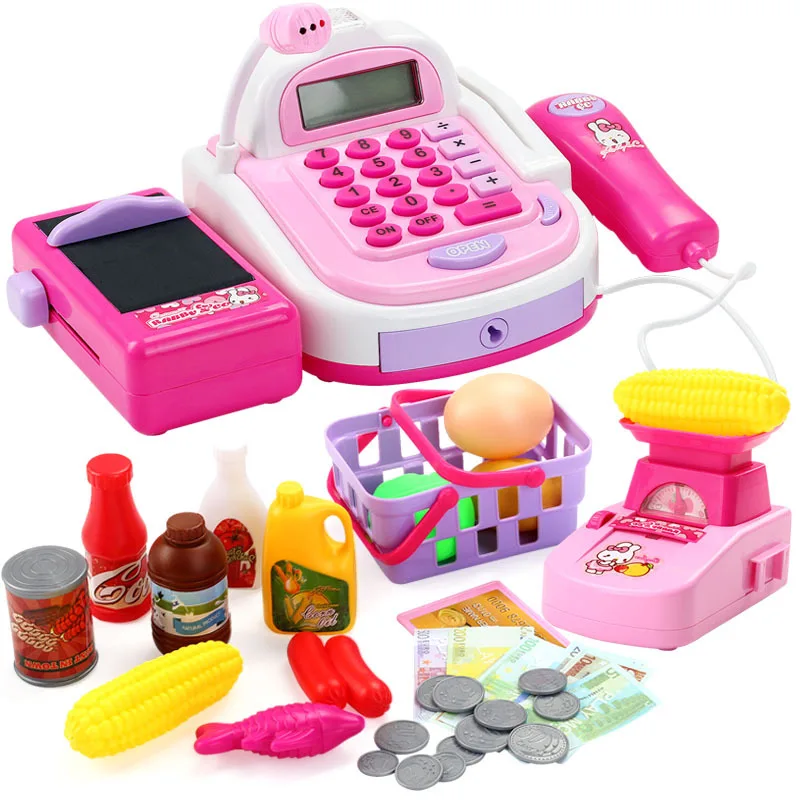 

Children play house simulation electric cash register toys, Baby Supermarket Cash Register Brush Card with shopping basket set