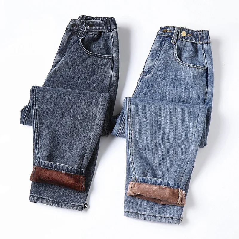 

Winter Thick Fleece Warm Loose Mom Harem Pants Jeans Women Plus Size 5XL High Waist Casual Streetwear Female Blue Denim Pants