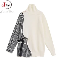 autumn winter women chic knitted sweater retro turtleneck houndstooth irregular buckle batwing long sleeve tops loose pullover