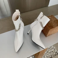 2021 fashion metal chain women ankle boots pointed toe zipper ladies elegant thin high heel chelsea boots winter pumps shoe