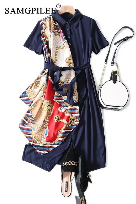 

2020 Women Summer Clothing Office Lady Dress Print Elegant Dress Short Sleeve Cotton Polo Dresses Women Summer Casual Dresse 4xl