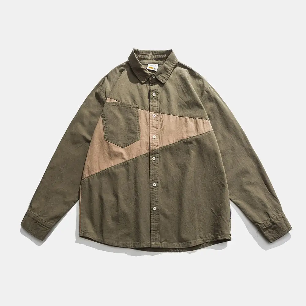 Мужская хлопковая рубашка с длинным рукавом и карманами в японском стиле весна