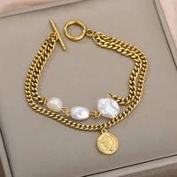 gold multi layered thick chain wrist bracelets vintage imitation pearl queen avatar coin bracelet for women jewelry