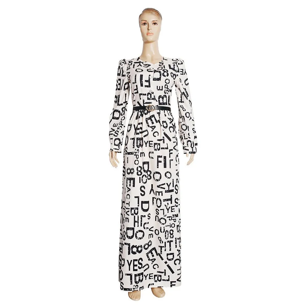 

2021 New Ankara Dress Round Neck Long Sleeve Geometric Print Matching Belt Button High Quality African Womens Chiffon Long Skirt