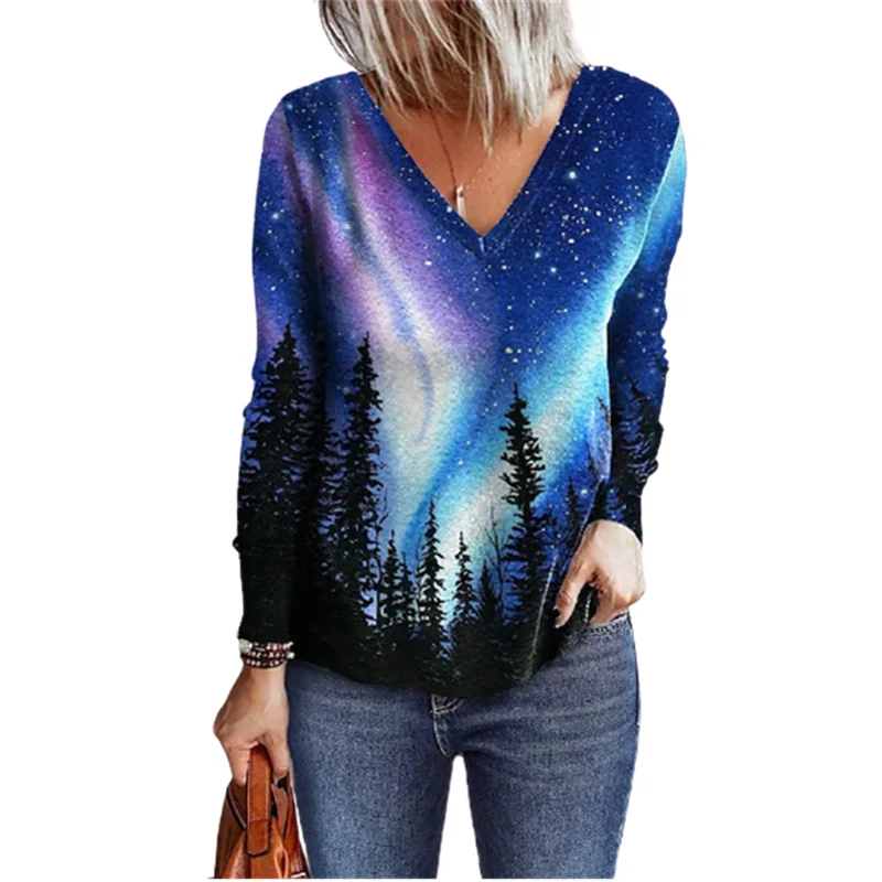 

3D Tree Print Loose Casual Women T-Shirts Spring Long Sleeve V-Neck Streetwear Tops Female Gradient Printed Pullovers T-Shirt