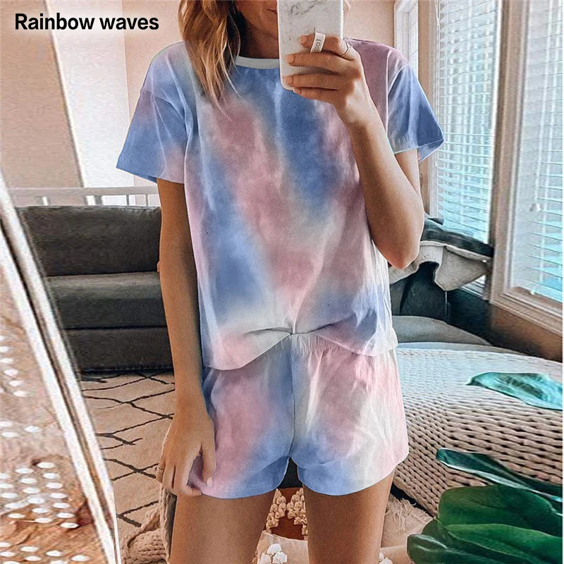 

Rainbowwaves Tie Dye Pajamas for Women Two Piece Set Loungewear Casual Fashion Nightwear Pullover T-shirts Shorts Homewear