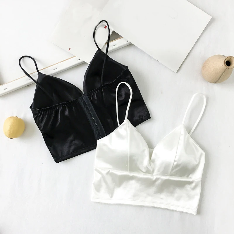 

Sexy Seamless Satin Crop Bra Tops for Women Wireless Bralette Top Female Spaghetti Strap Cropped with Chest Padded Camisole