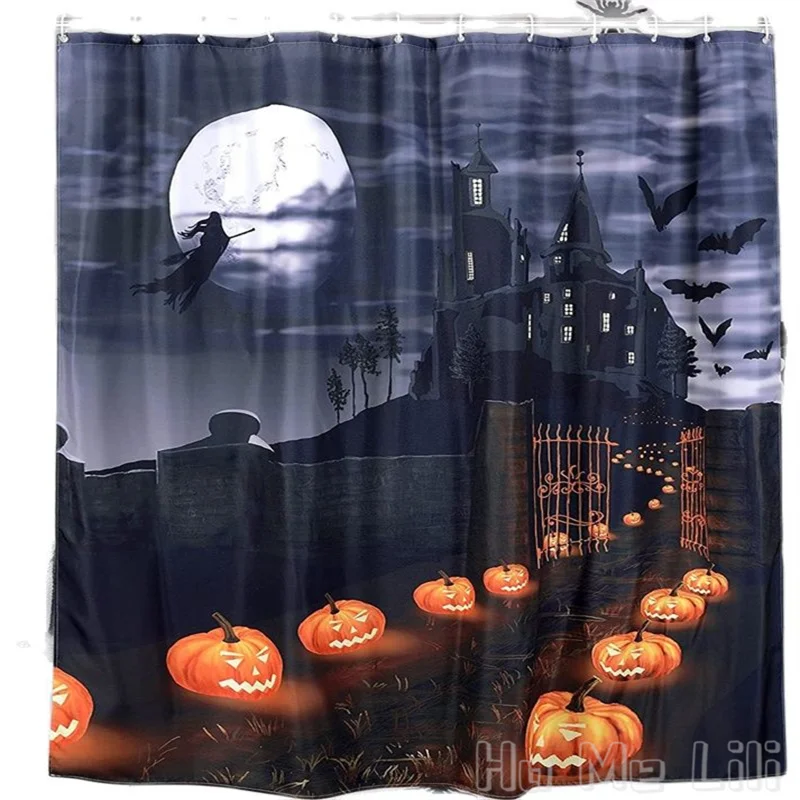 

Horror Halloween Shower Curtain By Ho Me Lili Scary Pumpkin Full Moon Castle Witch Bathroom All Hallows Eve Nightmare Decorative