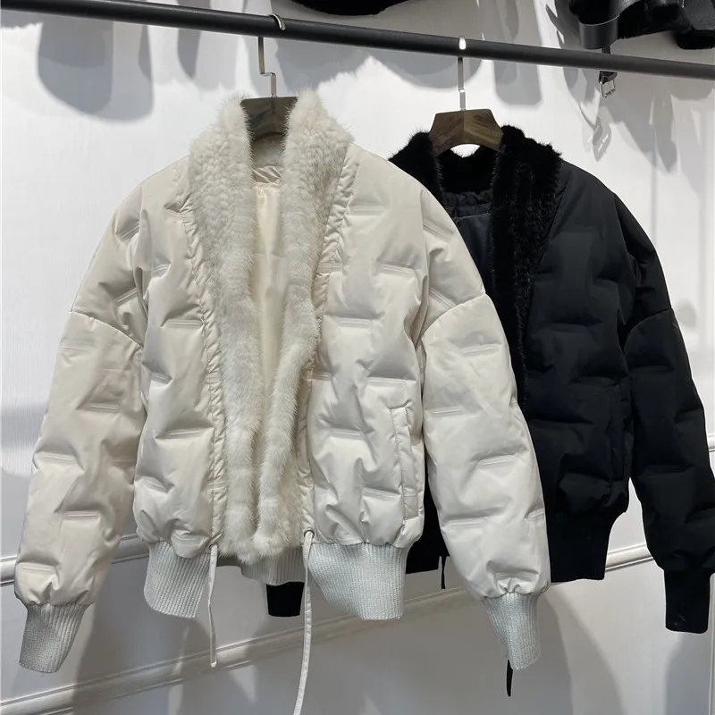 

European fashionable women warm 90 white duck down coat stitching whole mink fur collar profile short down jacket female