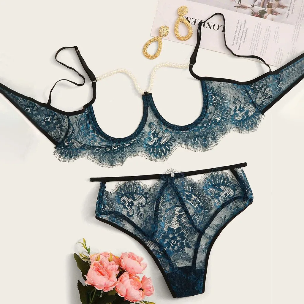 

New Sexy Lingerie Set Lace Erotic Costume Pearl Open Bra And Panty 2 Piece Set Women Underwear Set Porno Lingerie Sensual Mujer