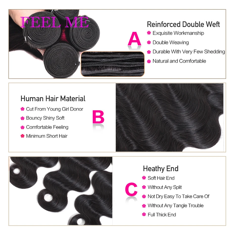FEELME Body Wave Indian Hair Weave Bundles 100% Human 3/4pcs Extensions Color #1 Dark Black | Шиньоны и парики