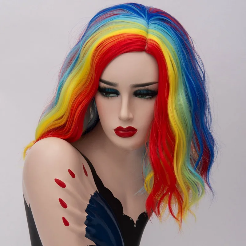 red yellow MSI парики Короткие Косплей парики для женщин цвет радуги волнистые парики сторона Центральная линия волос Cos синтетический розовый чистая Омбре волос - Цвет: red yellow