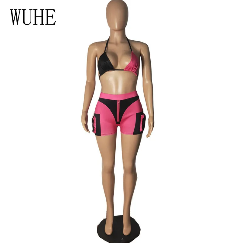 

WUHE Lace Up Hollow Out Outfits Patchwork Color Contrast Strapless Halter Top and Short Pants Streetwear Nightclub 2 Piece Suits