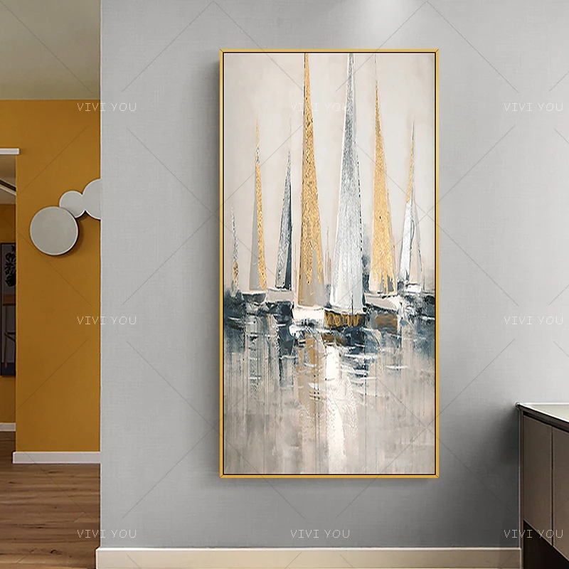

Handmade Abstract Pretty Ship View Colorful Sea Canvas Oil Painting Wall Picture For Living Room Aisle Modern Home Decor