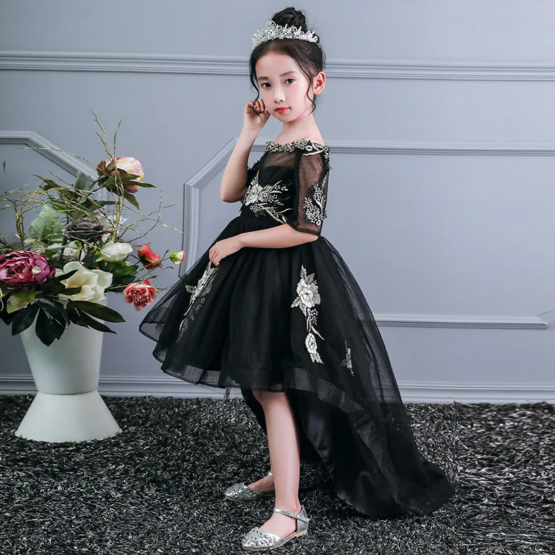 Свадебное платье с цветочной вышивкой для девочек короткое спереди длинное