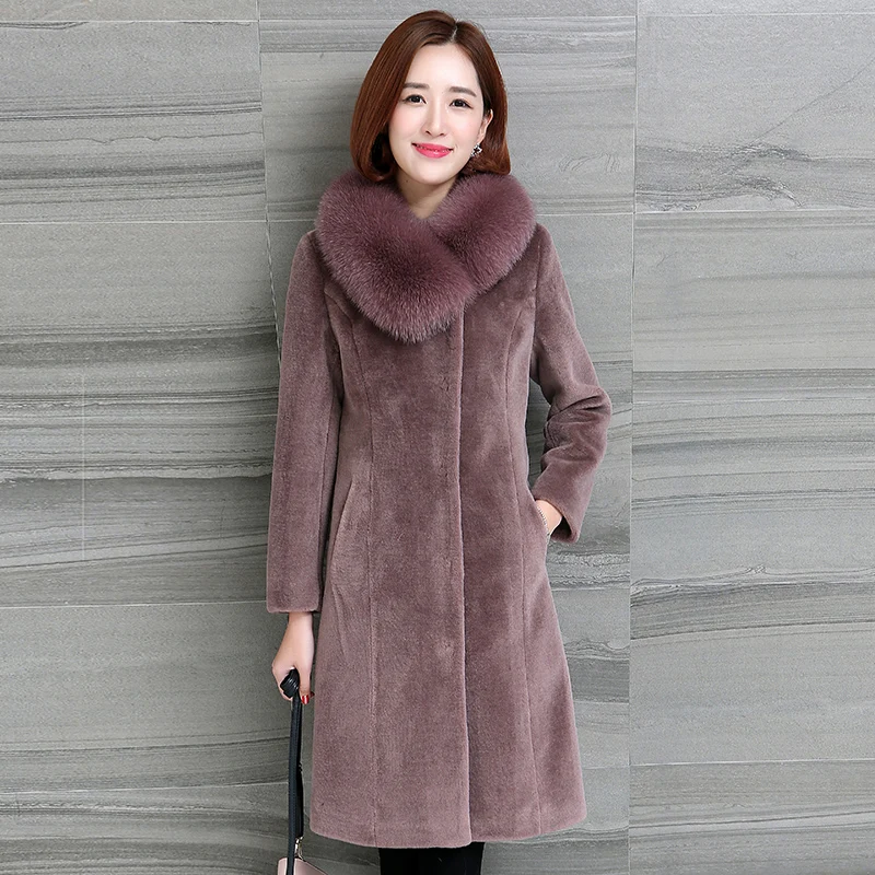 

Genuine Wool Fur Jacket Fox Fur Collar Women's Coats Vintage Elegant Women's Clothing Sheep Shearing Coat Manteau Femme Zjt756