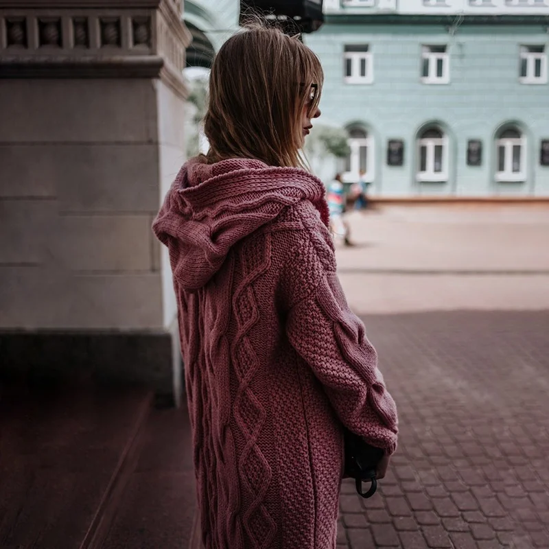 Long Cardigan Casual Lantern Sleeve Open Stitch Warm Women Sweater Winter Loose Knitted Hooded Coat Plus Size S-5XL |