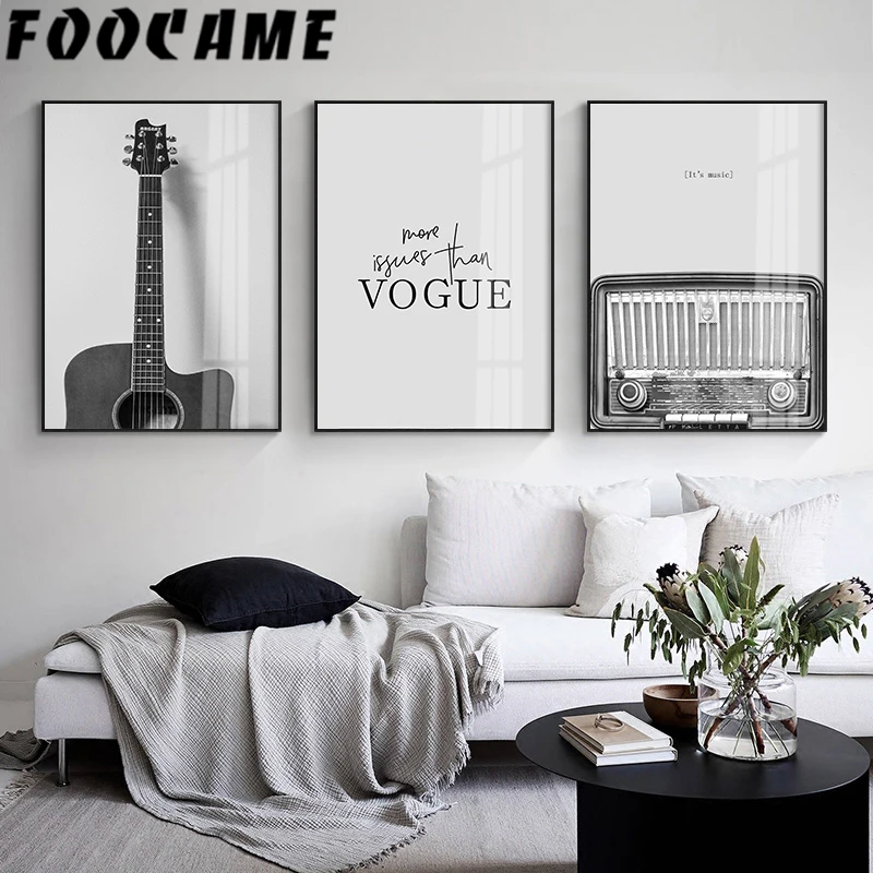 Картина на холсте для гостиной современная Скандинавская черно-белая гитара