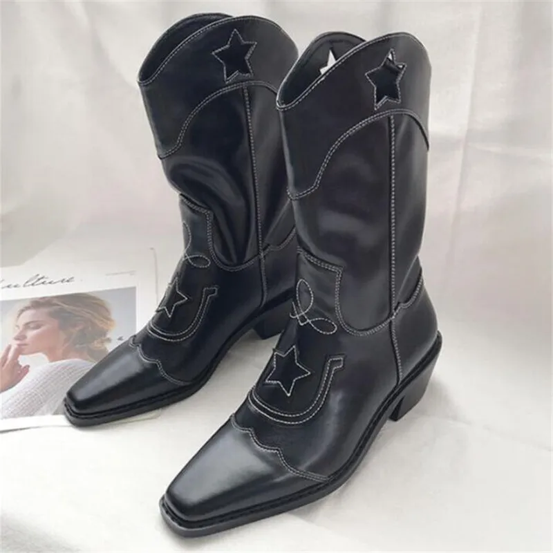 

2021 women's boots retro embroidery western cowboy boots women mid-tube boots women's shoes fashion boots punk modern boots