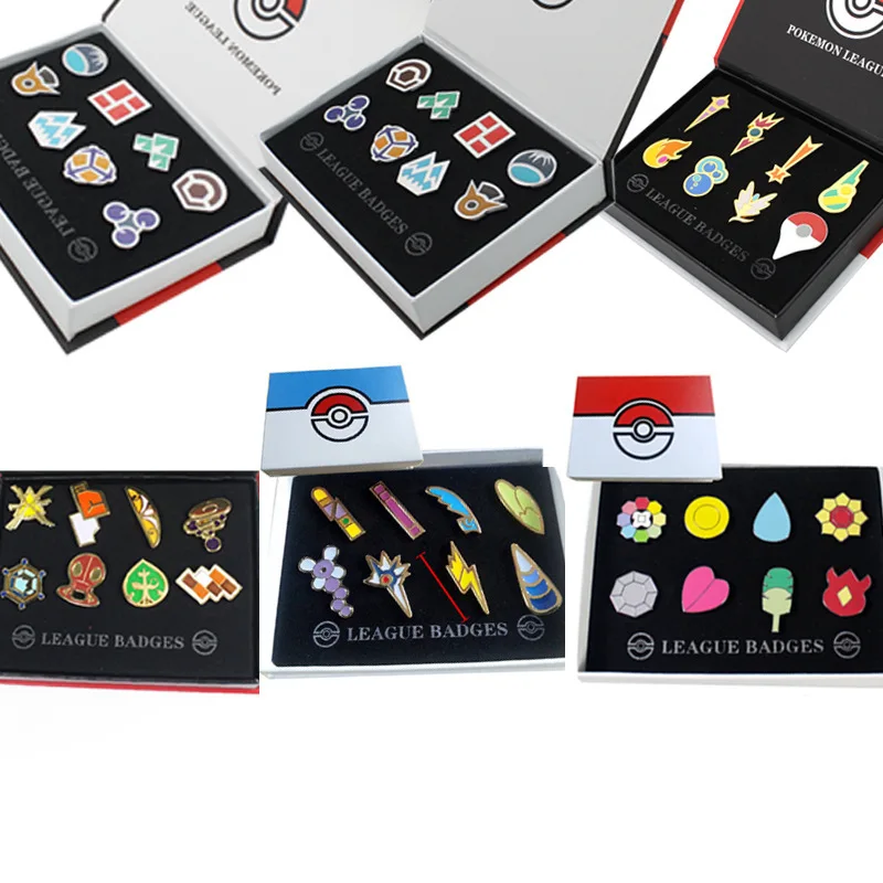 

Pokemones Gym Badges Kanto Johto Hoenn Sinnoh Unova Kalos League Region Pins Brooches Orange Islands Box Action Figures Toy