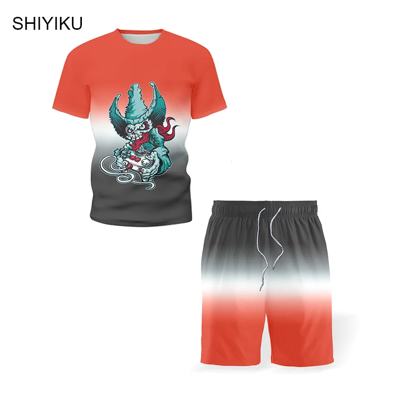 

SHIYIKU Summer Brand Men's Short Sleeve Harajuku Streetwear Print T-Shirt Shorts Leisure Outdoor Suit Trend Tracksuit 2 Packs