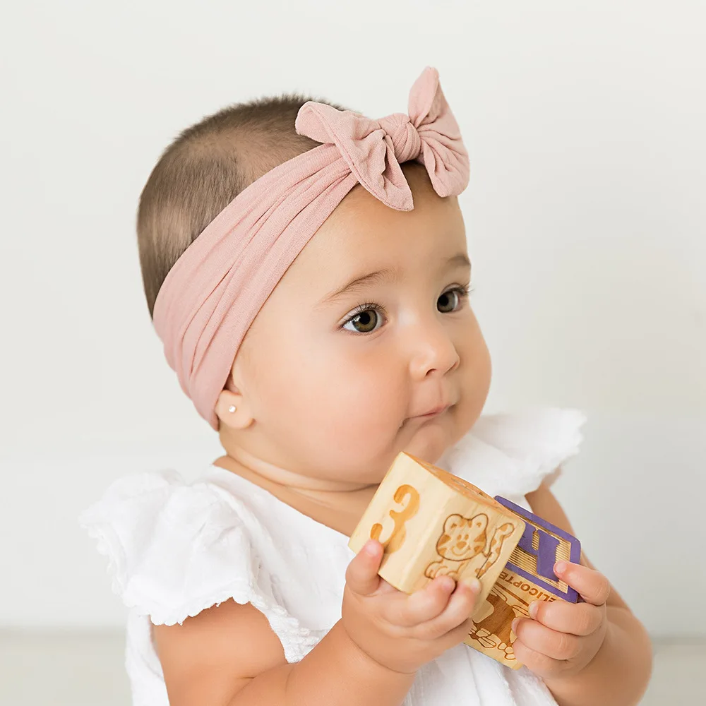 

Baby girls Bow Headbands Newborn Nylon Headwraps Soft Turban Boho Kids Knot Hairband wide bebes Handmade Solid Stretch Hairband