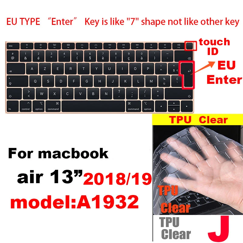 J 0,13 mmTPU для Apple Macbook pro13/11Air 13/15 retina12 дюймов Чехол для клавиатуры Ультратонкий чехол прозрачная защитная пленка EU/US pro16 - Цвет: J