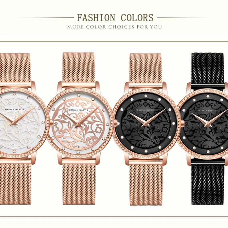 

Hannah Martin Top Brand Luxury Ladies Watch Rose gold Fashion Creative Design Flower Carved Dial Women Wristwatches Montre Homme