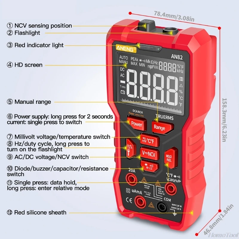 

AN82 9999 Counts True-RMS Digital Multimeter AC/DC Voltage Ammeter Current Capacitor NCV Ohm Auto/Manual Multimetro M09 21