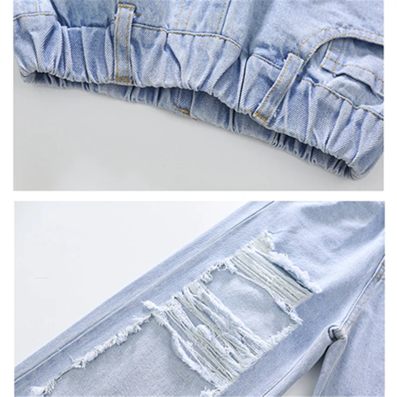 

2021 Baby Girl Fashion Cold Shoulder Crop Top+Jeans With Big Hole Ripped Clothes Sets Children Party Birthday Streetwear Outfits