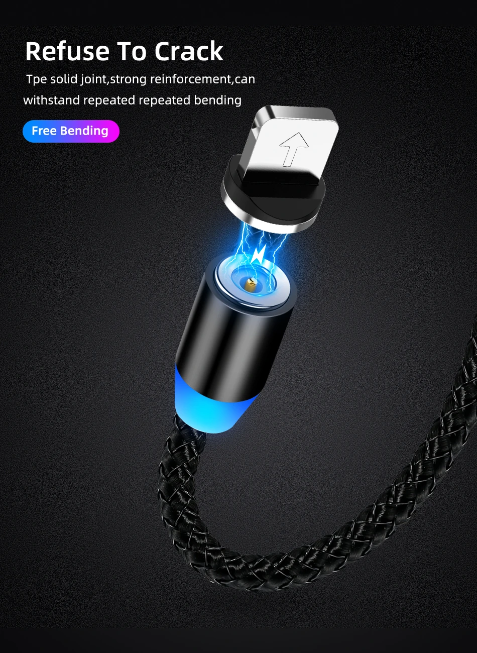 Магнитный usb-кабель для быстрой зарядки 2,1 А, Тип C, микрокабель, светодиодный, с нейлоновой оплеткой, type-C, магнитное зарядное устройство для iPhone XS X 7, samsung, 1 м, 2 м