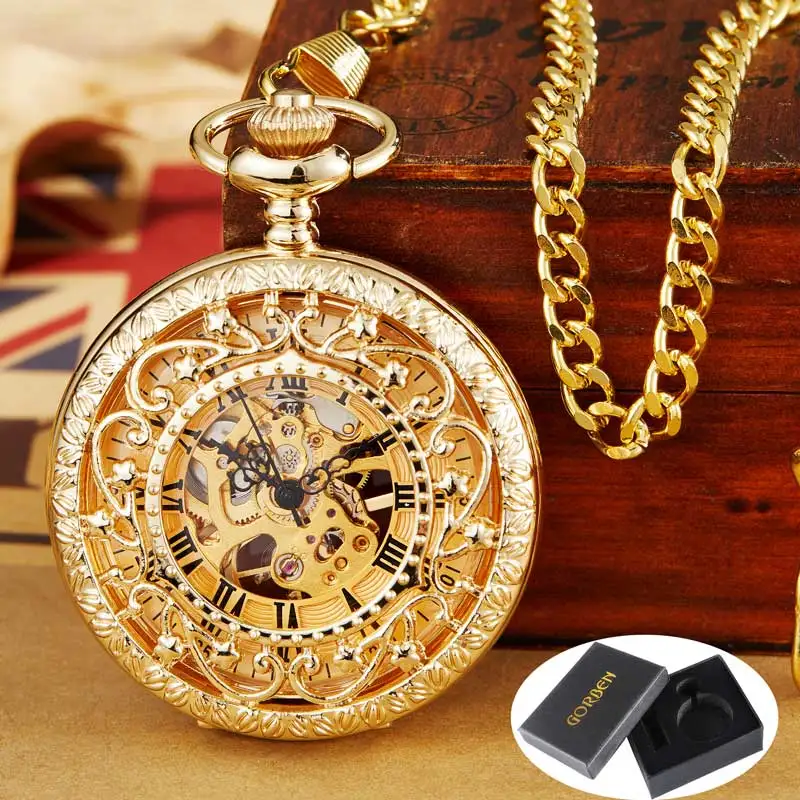 gold with box Винтажные Механические карманные часы с брелоком цепь полые ручной подвесной медальон часы мужские и женские Золотые Бронзовые Часы подарок - Цвет: gold with box