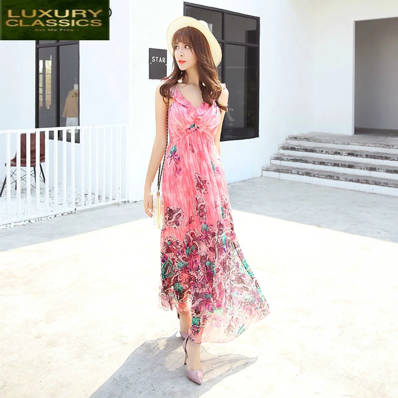 Silk Summer Dress Real Women Long Beach Dress Boho Print Pink Dresses Sexy V Neck Dresses Vestidos Verano 2021 LWL1504