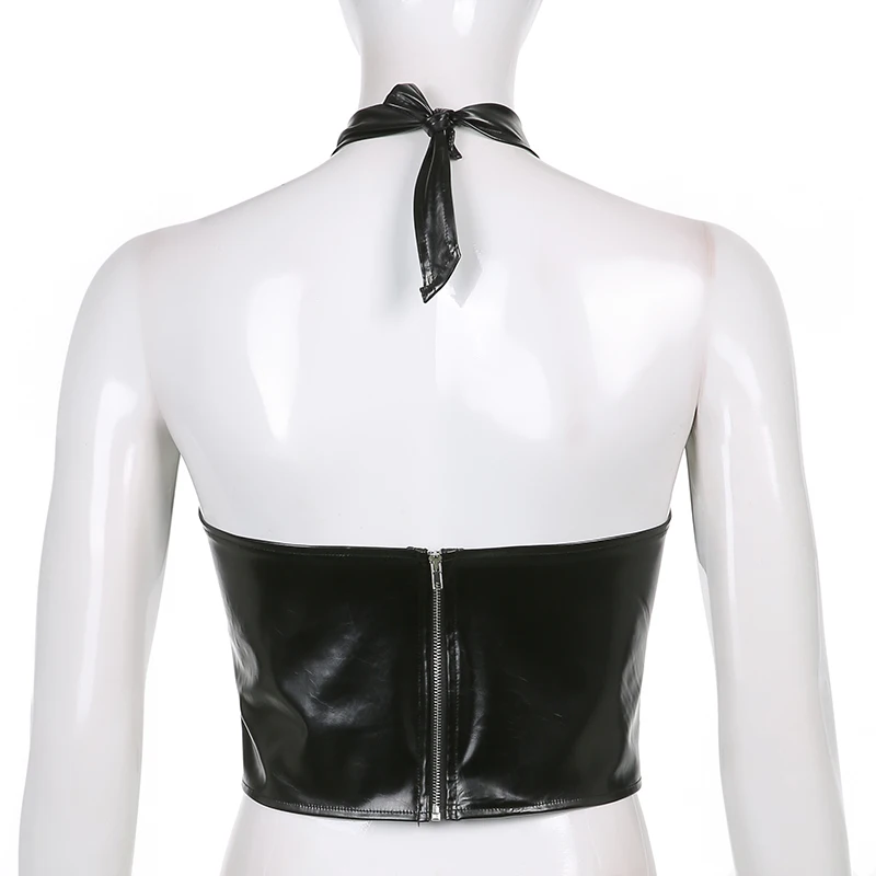 

PU Y2k Women's Crop Corset Top For Girls Female Bandage Halter Tank 2021Summer Chic Sexy Cut Out Fashion Backless Leather Shirt