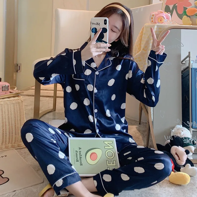 Пижамный комплект Женский атласный Шелковый пижамный с длинным рукавом и