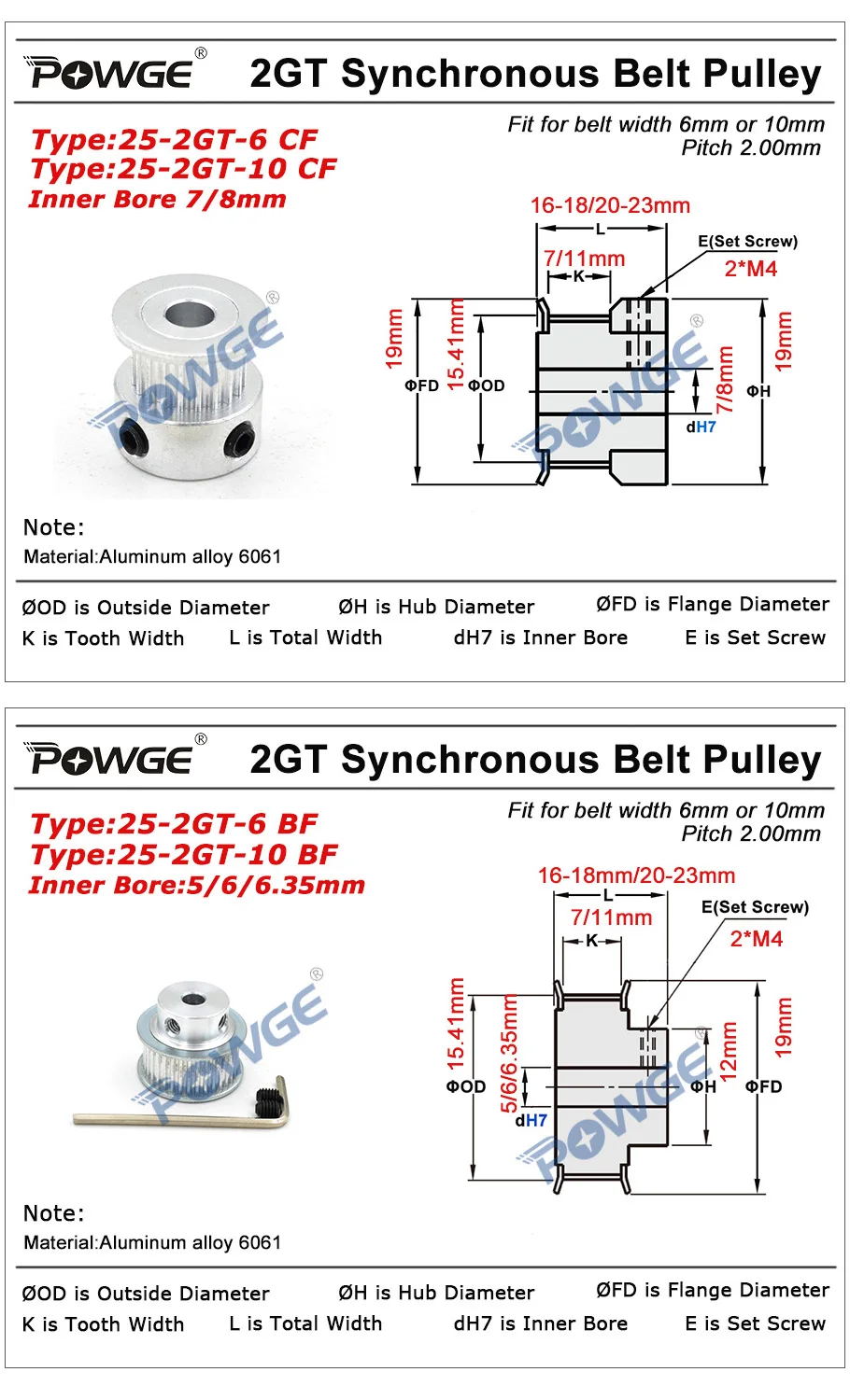 POWGE GT 25 зубов 2GT зубчатый шкив Диаметр 5/6/6,35/7 Plus/8 мм для GT2 зубчатый ремень высокое качество, шириной 6 мм/10 мм небольшой зазор 25 зубов 25 T