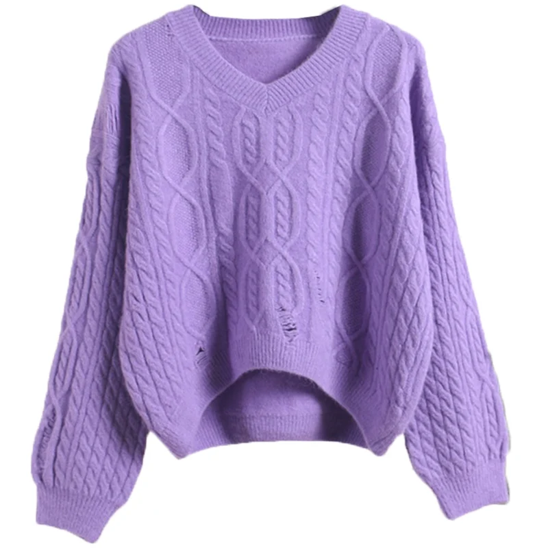 

Autumn and Winter New Lazy Sweater Women's Loose Short Ripped Preppy Knitwear Western Style V-neck Plait Cardigan