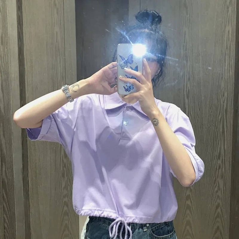 Женская футболка с воротником поло свободный универсальный короткий топ в