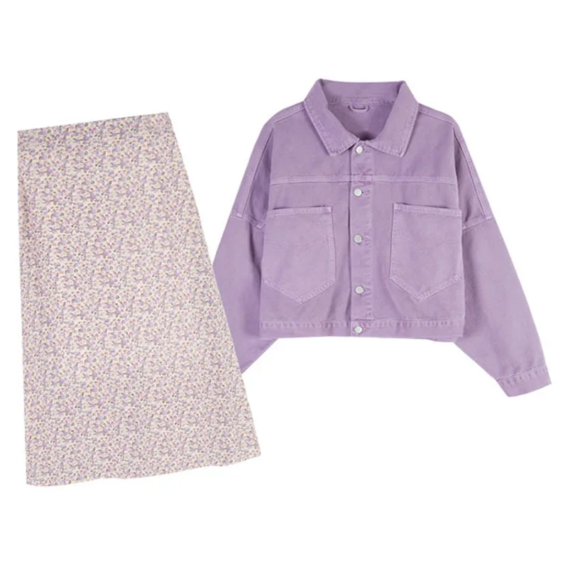 

2021 Spring Autumn New Office Lady Vintage Notched Collar Long Sleeve Coats Slim Fit Ladies Stylish Jackets+Floral Skirt