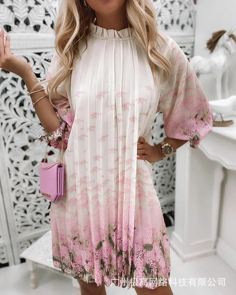 

2021 New Summer Office Lady Three Quarter Folds Print Dress Summer Donsignet