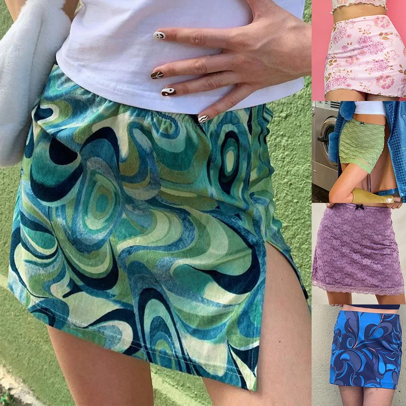 

Retro Paisley Print Y2K Mini Skirts Women Sexy Cute Straight Split Green Skirt Korean Harajuku Summer Cute Outfits