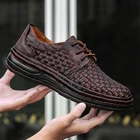 Кроссовки мужские плетеные, уличная дышащая обувь без застежки, туфли на плоской подошве мужские обувь, качественная кожа, обувь для вождения, брендовые