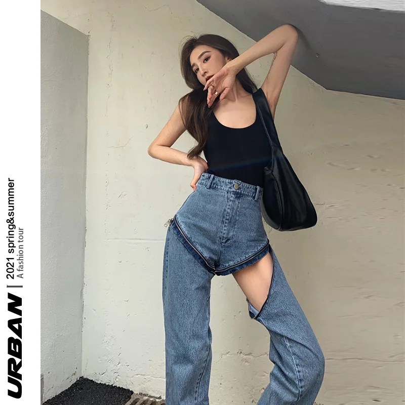 

European and American hot girls be careful with the zipper, various ways to wear jeans shorts 2021 summer new straight pants