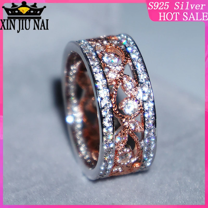 

925 sterling silver Rose Golden Bead Diamond Zircon Simulation Diamond Ring Women's Baroque Wide gemstone Ring