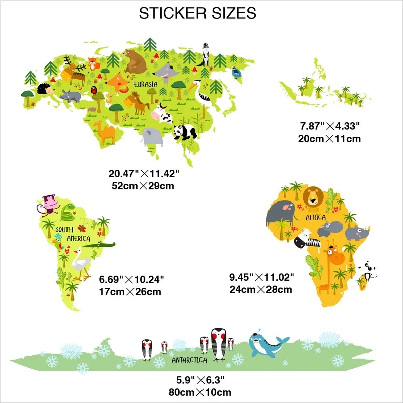 

Colorful Animal World Map Wall Stickers for Kids Room The Walls Decoration Stickers Vinyl DIY Wall Decal Mural Home Office Decor