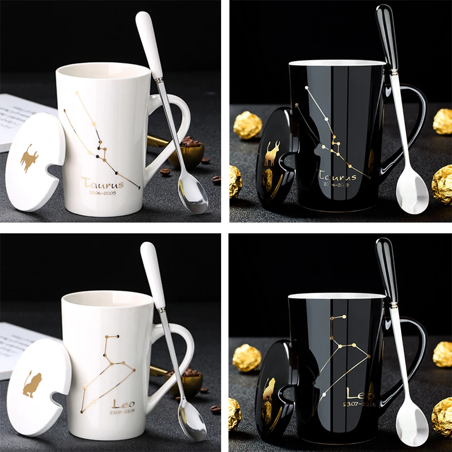 Кружевные керамические кружки VIP 12 созвездий креативные с крышкой ложкой черная