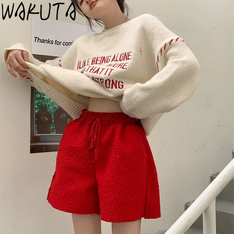 WAKUTA Women 2021 Fashion Fleece Thick Shorts Autumn Winter Korean Style New Elegant High Waist Solid Female Short Pants Mujer | Женская