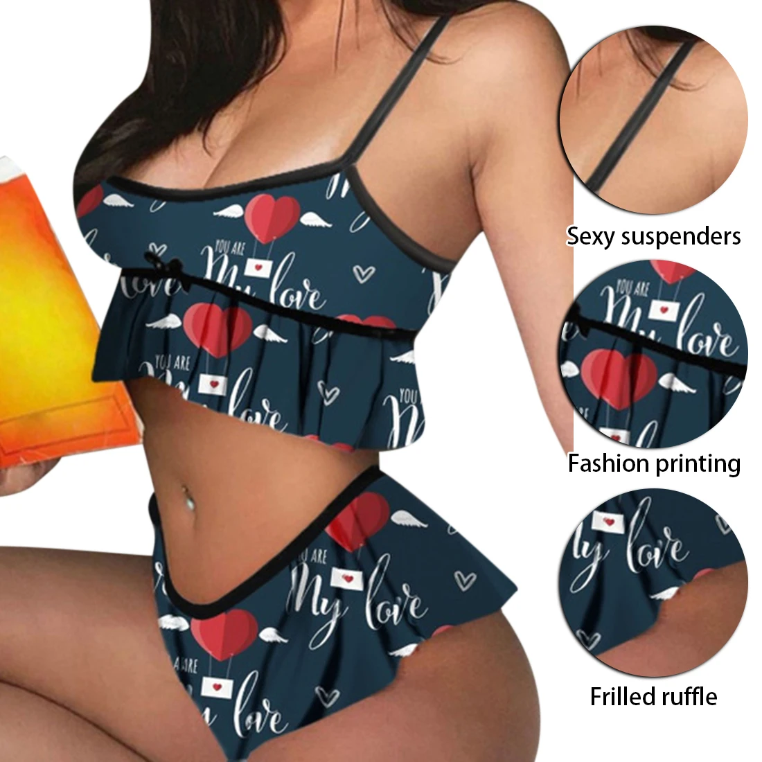 

HOT Pajamas Women Camisole Sleep Wear Women Pajamas Print Nightgown Ruffled Flounce Shorts Lingerie Set Home Clothes Suit