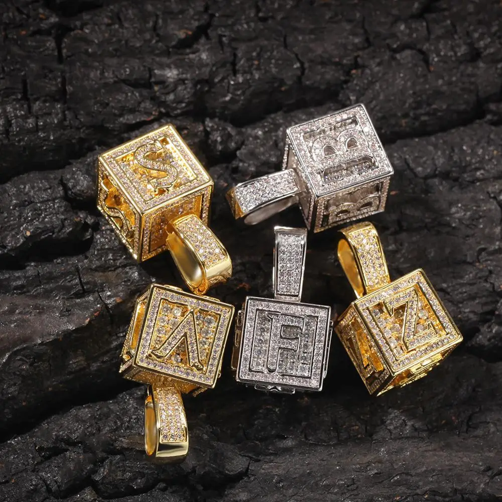 

A-Z Single Stereoscopic Square Letter Pendant Necklace Chain Gold Color Cubic Zircon Men Women Hip Hop Jewelry