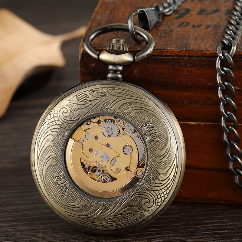 Old Time Mechanical Pocket Watch Antique Skeleton Dial Fob Chain Hollow Case Hanging Clock with Gift Box for Men Dropshipping